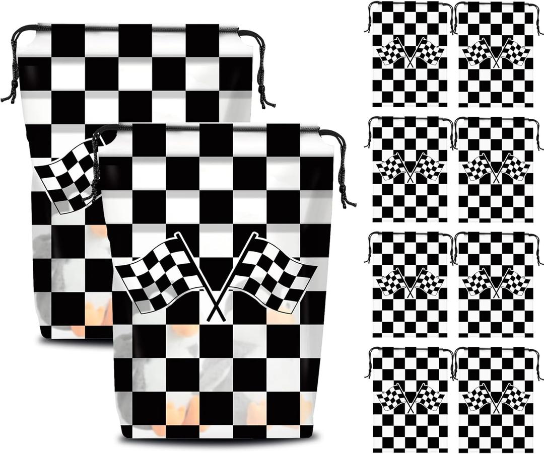 50 Pack Checkered Racing Gift Bags Race Car Party Favors Bag Black and White Drawstring Party Favor Bags Translucent frosted Goodie Bags Gift Packaging Storage for Race Car Themed Birthday Party 7.08 x 9.84 Inch