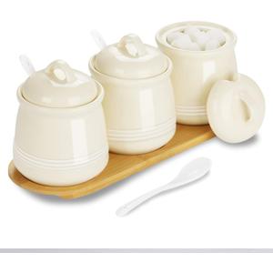 HAOTOP Porcelain Condiment Jar 3 Pack Set with Tray, 12 Ounces Beige