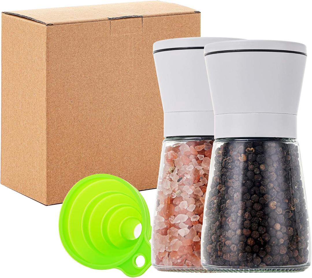 White Salt and Pepper Grinder Set of 2,Manual Refillable Adjustable Ceramic Grinders, Stainless Steel Salt and Pepper Shakers,Short Glass Body W/Funnel