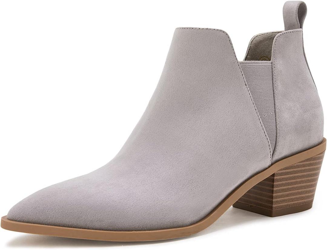 Trish Lucia Womens Ankle Boots Pointed Toe Stacked Chunky Heel Slip on Chelsea Short Booties (Gray)
