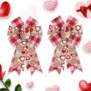 2 Pieces Valentines Bows for Wreath, Valentine's Day Wreath Bows Natural Burlap Bows Heart Craft Bows Ornaments Farmhouse Tree Bows for Front Door Wedding Valentines Decorations
