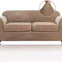 PrinceDeco Couch Cover Velvet Plush Sofa Covers for 2 Cushion Couch Width Up to 90 Inch Washable Furniture Protector Pet Friendly No Slip Sofa Slipcover(Medium-Large, Camel)