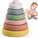 BOBXIN Baby Stacking & Nesting Rings Toy, 6pcs Soft Silicone Circle Building Stacker, Squeeze Play with Letter, Animal and Graphic, Toddler Sensory Learning Montessori Toys for Babies 6 Months+
