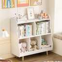 Treocho Kids Bookshelf and Toy Storage Orangizer, 3-Tier Wooden Children's Bookcase with Curve Design, 5 Cubbies Toy Storage Cabinet Display with Legs for Children's Room, Playroom, School, White, 35.43 Inches L X 13.78 Inches W X 36.22 Inches H