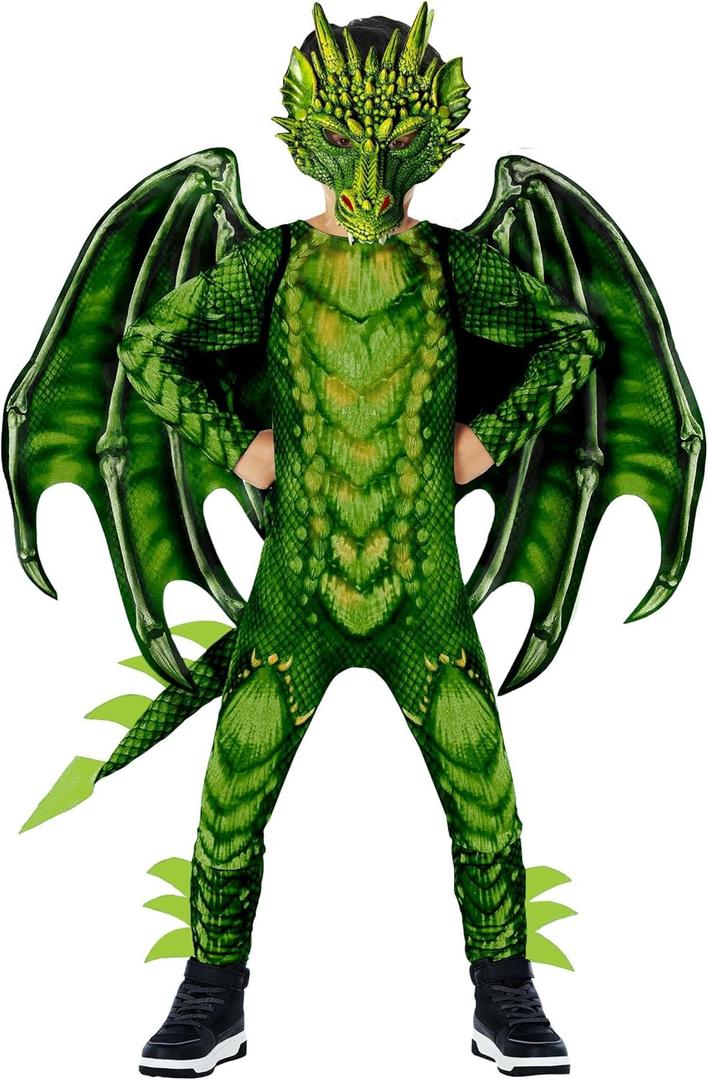 Morph Green Dragon Costume for Kids, Dragon Wing Costume for Boys, Halloween Dress-Up, Fun Outfit (Large)