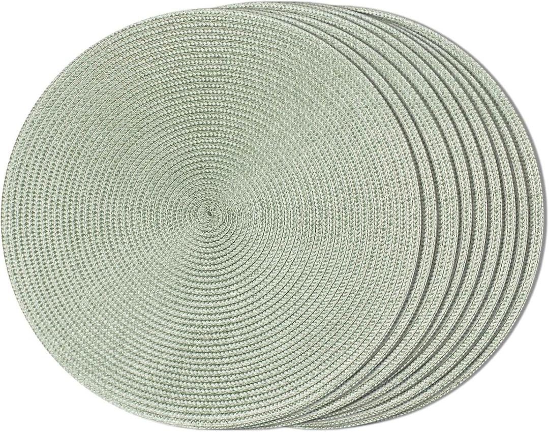 FunWheat Round Braided Placemats Set of 8 Place Mats for Dining Table Woven Washable Non-Slip Table Mats 15 Inch(Fog Green,8pcs)