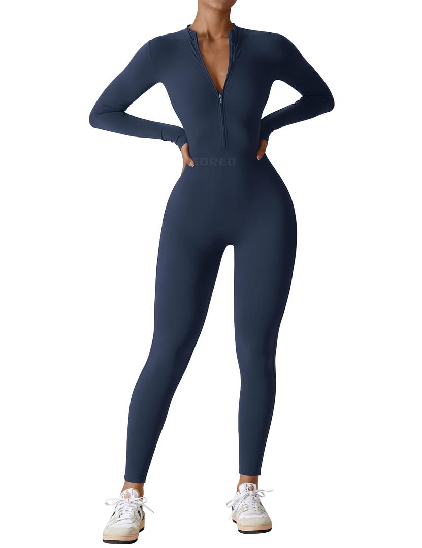 YEOREO Women Long Sleeve Workout Jumpsuit Zip Up Romper Bottom Pants Bodysuit Bodycon Sexy One Piece S