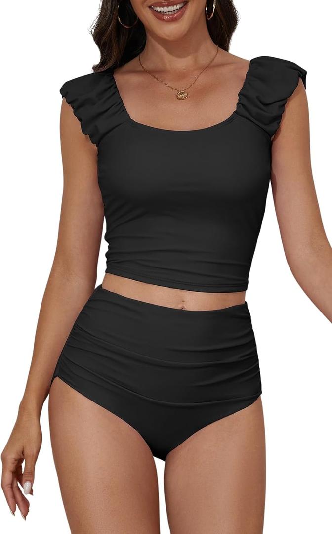 Eomenie Tankini Swimsuits for Women Ruched Tummy Control Bathing Suit Two Piece Swim Tank Top with High Waisted Bottom (XX-Large, Black)