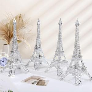Therwen 4 Pcs Eiffel Tower Statue Decor Metal Paris France Eiffel Tower Model Figurine Paris Craft Art Statue Model Desk Room Decoration Gift for Party Table(15 Inch,Silver)