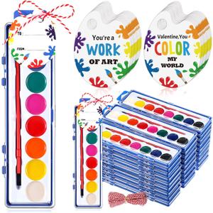 Sabary 28 Pack End of School Year Gift for Student Watercolor Paint Set Bulk with Card and Rope 8 Washable Watercolor Paint with Brush for Last Day of School Classroom Kid Art Party Favor (Round)