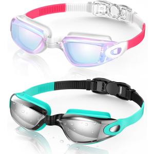 Aegend Swim Goggles, 2 Pack Swimming Goggles No Leaking Adult Men Women Youth (Raspberry-red White & Light-blue Silver)