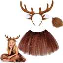 Yinxiang Jie Deer Antler Headband Set Realistic Deer Antler Headband reindeer ears small tail and short skirt Christmas party role-playing, reindeer set Christmas Eve costume gift