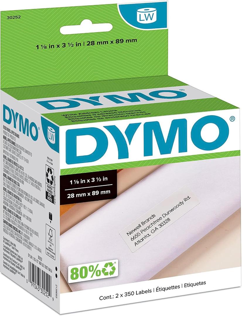 DYMO Authentic LW White Mailing Address Labels, For LabelWriter Label Printers, 1-1/8" x 3-1/2", 2 Rolls of 350 (700 Total)
