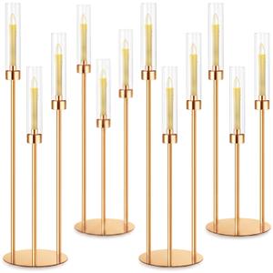 Suclain 4 Set 3 Arm Candelabra Centerpiece 33.8 Inch Candle Holder Gold Candelabra Metal Floor Pillar Candlesticks for Tables Wedding Home Party Decoration