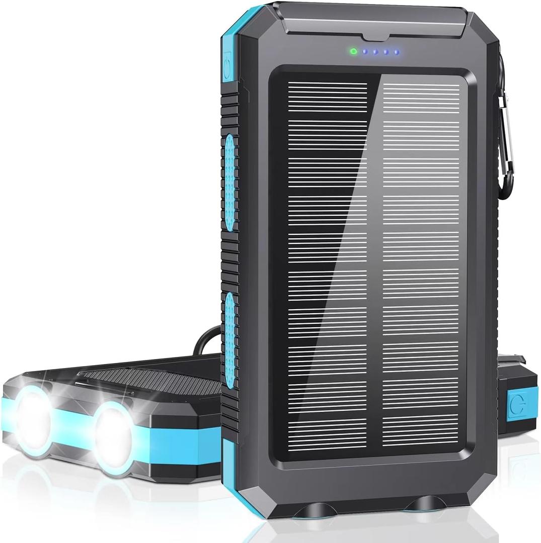 Solar Charger Power Bank - 36800mAh Type-C 5V3.1A Fast Charging Power Bank. Equipped with a Powerful Flashlight, Compass, IP65 Outdoor Waterproof Portable Power Bank (Blue)