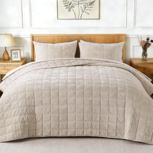 GOONE Reversible Greek Velvet Quilt Set King Size 108"x98" Sand Shell | Lightweight Velvet Comforter with Subtle Sheen, Oversized Bedspread Coverlet, Quilted Bedding Set for All Season with 2 Shams