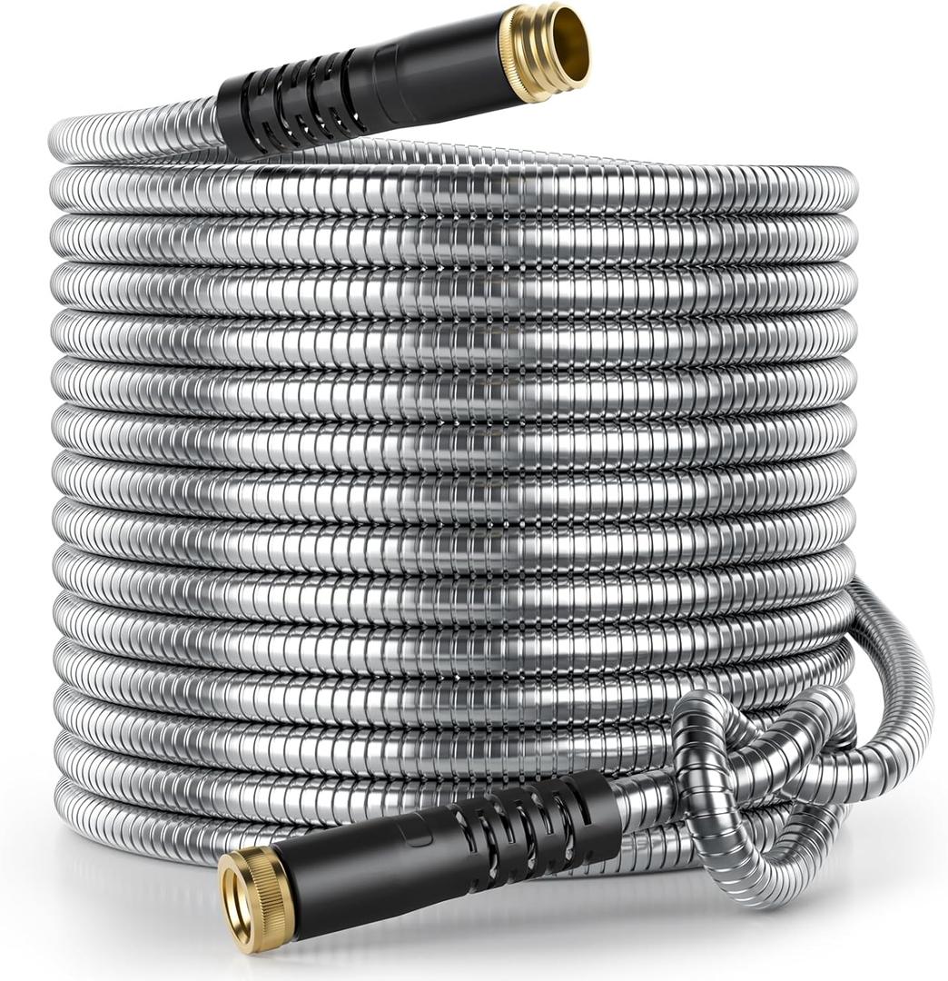 Stainless Steel Garden Hose 10 ft, Flexible Metal Water Hose 10ft with 3/4'' Crush Resistant Solid Brass Fittings, Heavy Duty, No Kink & No Tangle, Lightweight, Durable, Easy to Coil (Silver)