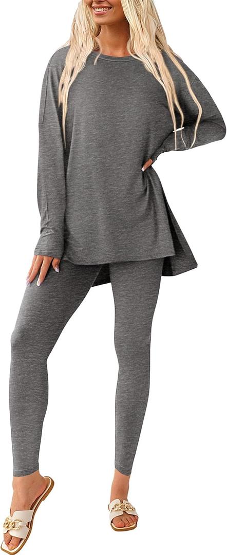 PRETTYGARDEN Women's 2 Piece Outfits 2026 Spring Long Sleeve Tunic Tops Legging Pants Fall Matching Lounge Sets Sweatsuits (Large, Dark Grey)