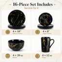 16-Piece Porcelain Dinnerware Set for 4, Black Gold Marble | Includes 4 dinner plates, 4 salad plates, 4 bowls, and 4 mugs. Microwave and dishwasher safe for everyday dining.