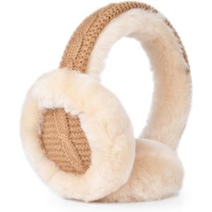 Harssidanzar Women's Winter Sheepskin Earmuffs - Foldable Outdoor Earwarmer HL303US (Camel)
