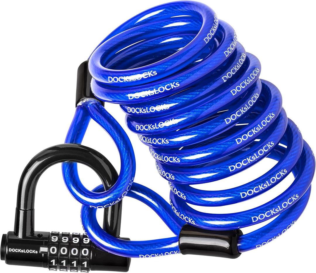 DocksLocks Security Cable Lock Set (5ft to 25ft Lengths)  Weatherproof, Looped Ends, Coiled, Compact, Includes U-Lock, Anti-Theft for Bikes, Patio Furniture, Kayaks, Outdoor Equipment 5ft
