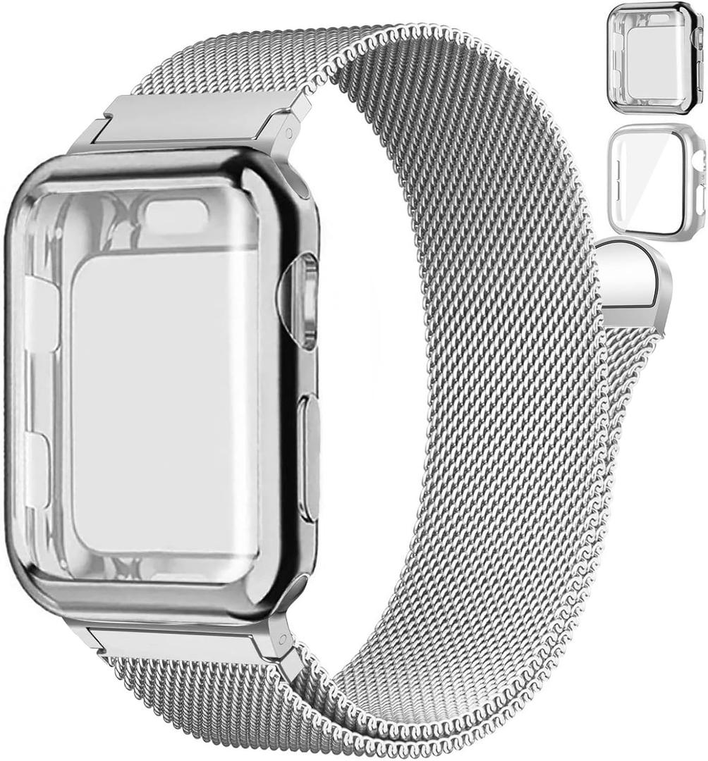 Magnetic Band and Case for Apple Watch Band Women/Men,Stainless Steel Milanese Loop Bracelet Strap with Cover Combo iWatch series  42mm-series 11 10, 02-Silver