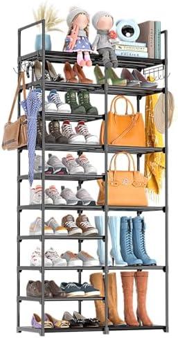 Kottwca 2 Row 10 Tier Tall Shoe Rack Organizer for Closet Entryway, 40-45 Pair Shoe Boot Storage Rack, Metal Shoe Shelf Small Vertical Stackable Shoe Stand for Bedroom Corner