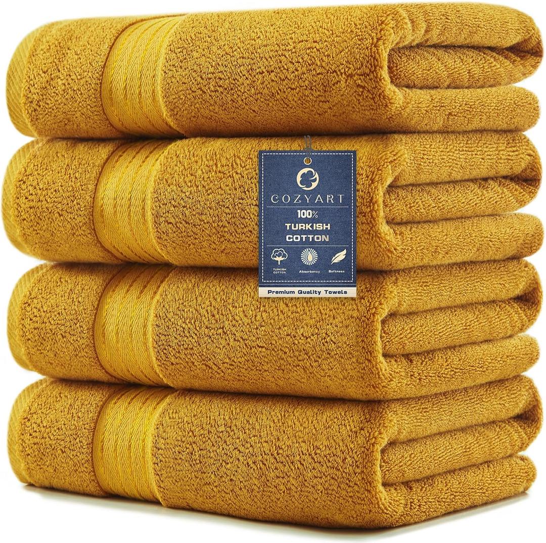 COZYART Luxury Bath Towels 4 PCS, 27x54 650 GSM Turkish Cotton, Gold | Zero Twist 100% Ring Spun Cotton, Fluffy, Ultra Soft, Super Absorbent, Quick Dry, Large Towels for Hotel Spa Bathroom Shower, Gold