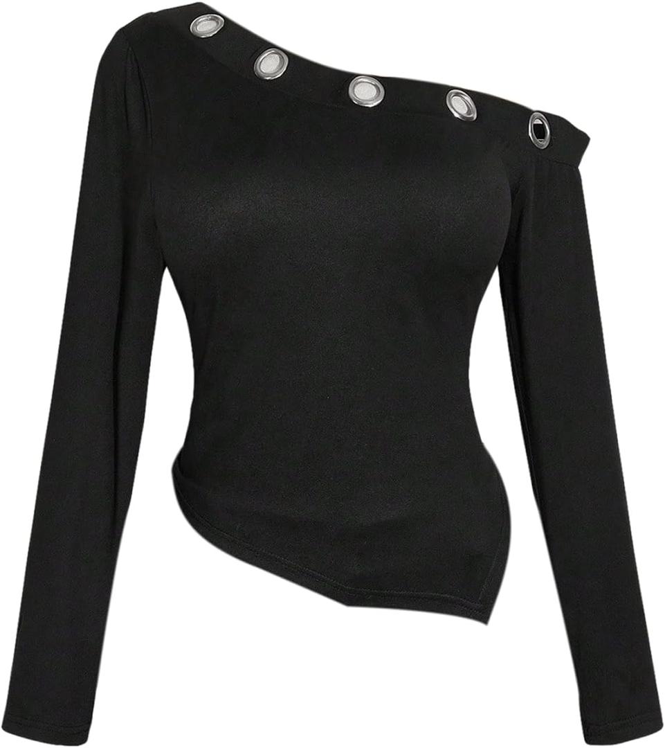 BEAUDRM Women's Plus Size Off Shoulder T Shirt Y2k Grommet Eyelet Long Sleeve Going Out Crop Tops (Black, L)