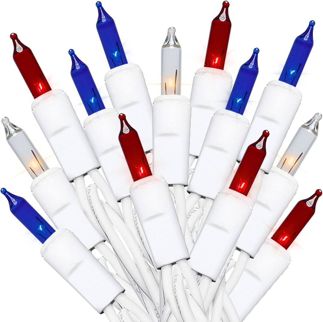 MULTI-SPARKING Red White and Blue String Lights - 35 Count 4th of July Patriotic Mini Christmas Lights for Independence Day Decorations, 8.5 Feet White Wire Incandescent Set