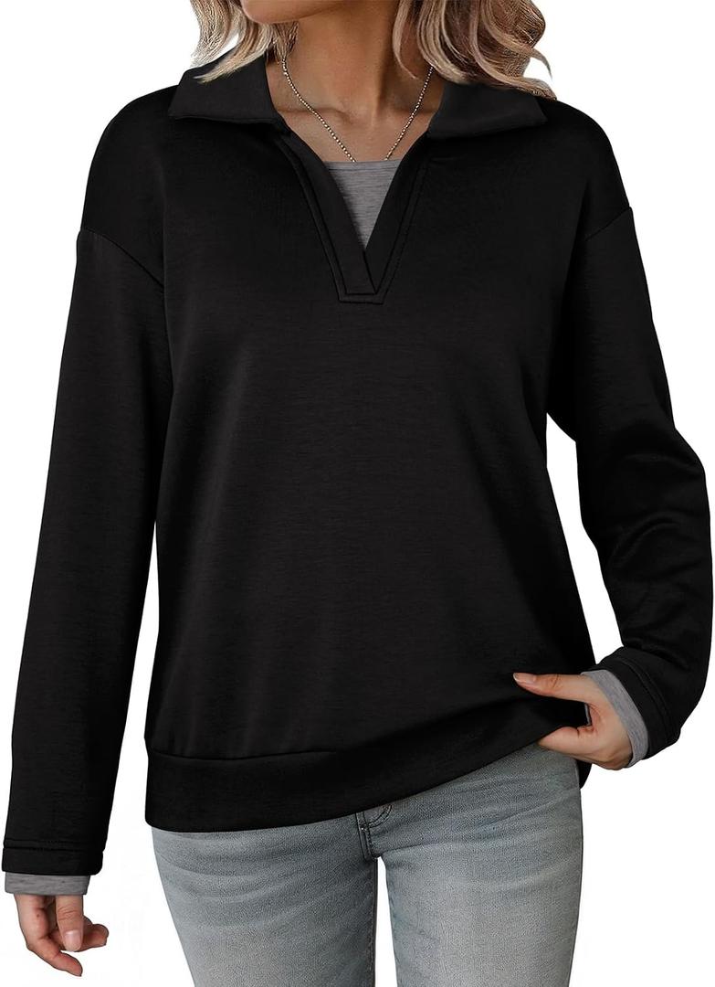 Dokotoo Sweatshirt for Women Long Sleeve V Neck Color Block Oversized Casual Pullover Sweatshirts Tops (Black, M)