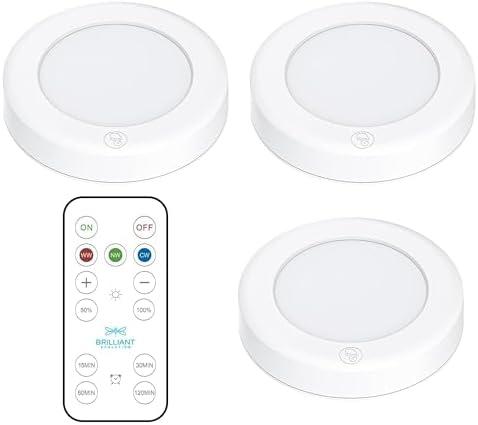 Brilliant Evolution Wireless LED Puck Lights with Remote Control - Battery Operated Lights and Warm Light Under Cabinet, Closet, or Kitchen - Stick On Lights, Under Counter Lighting - Pack of 3, White