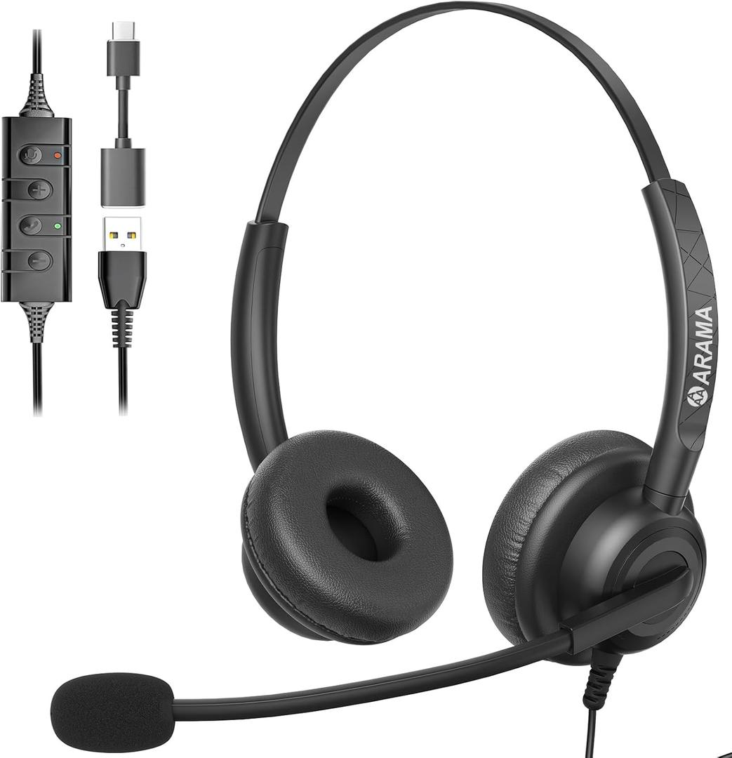 Arama Headset wtih Mic, Headset with Microphone for PC, USB Headset with Noise Canceling Microphone for Laptop, Wired Computer Headset with Mute for Home Office Online Class Skype Zoom Meetings (A602-Dual)
