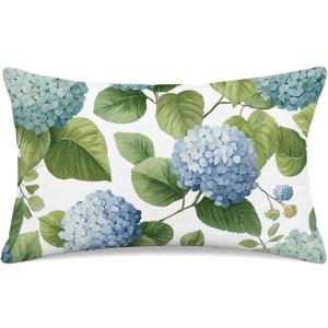 Blue Hydrangea Throw Pillow Cover 12x20, Farmhouse Floral Lumbar | Pillow Case Vintage Botanical Spring Summer Cushion Cover, Double Sided Print Decorative Pillowcase for Couch Sofa Bed