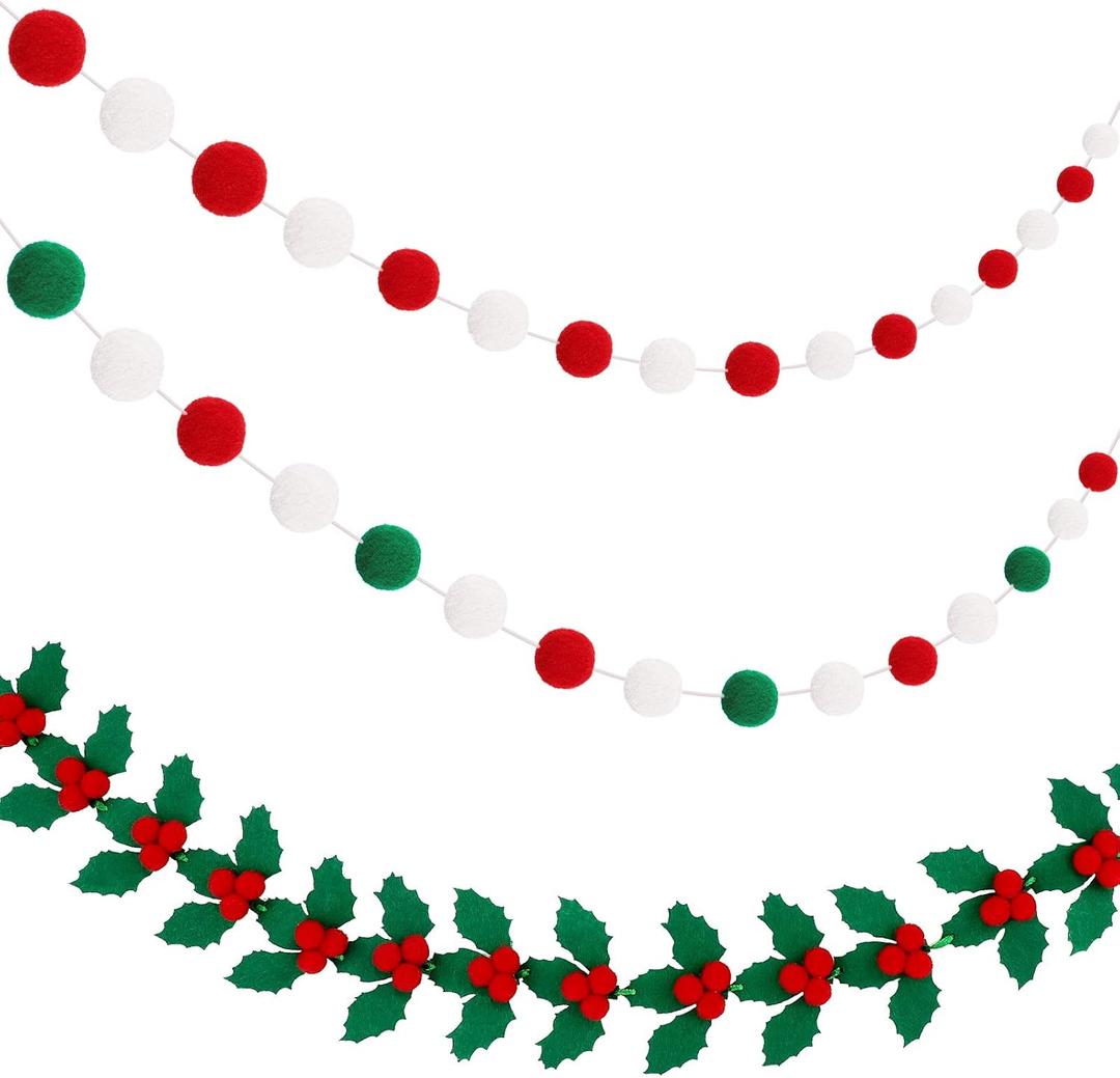 Tatuo 3 Pcs Christmas Felt Ball Garland Colorful Pom Pom Garlands Red Green and White Decorative Holly and Berries Hanging Felt Banners for Christmas Xmas Holiday Decor