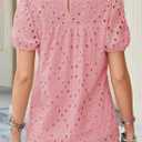 Falechay Womens Summer Tops Crewneck Short Sleeve T-Shirts Casual Babydoll Chiffon Blouses Eyelet Flowy Lace Hem Boho (Pink, M)
