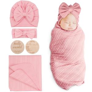 DRESHOW BQUBO Baby Swaddle Blankets for Girls, 4PCS Newborn Accessories Set with Hat and Bow Headband with Hello World Wooden Birth Announcement Card, Baby Blankets for Girls (Pink) DRESHOW BQUBO Baby Swaddle Blankets for Girls, 4PCS Newborn Accessories Set with Hat and Bow Headband with Hello World Wooden Birth Announcement Card, Baby Blankets for Girls (Pink)