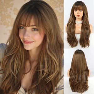 HAIRCUBE Long Ombre Brown with Highlight Wig with Bangs Layered Curly Wigs for Women Natural Synthetic Wigs for Daily Use (pelucas de cabello natural)