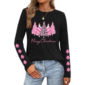 Christmas Shirts for Women Merry Christmas Letter Long Sleeve Print Pullover Xmas Tree Graphic Tshirt Winter Casual Top (Small, Black)