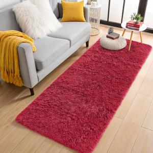 OLANLY 2x6 Machine Washable Runner Rugs for Hallway, Soft Fluffy Shaggy Bedside Rugs for Bedroom, Living Room, Indoor Floor Carpet for Kids Girls Boys, Nursery Rooms, Home Decor Aesthetic, Burgundy