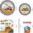 Recheel Monster Truck Party Supplies Decorations, Kids Birthday Paper Plates and Napkins Set with Cups and Straws for 24 Guests, 120 Pcs Disposable Party Dessert Dinnerwares