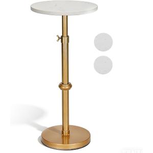 Adjustable Height Marble Drink Table, 10 x 10 x 22-31 Inches, White Marble & Antique Brass Metal Martini Table for Small Spaces, Living Room, Bedroom and Balcony, Comes with 2 Coasters