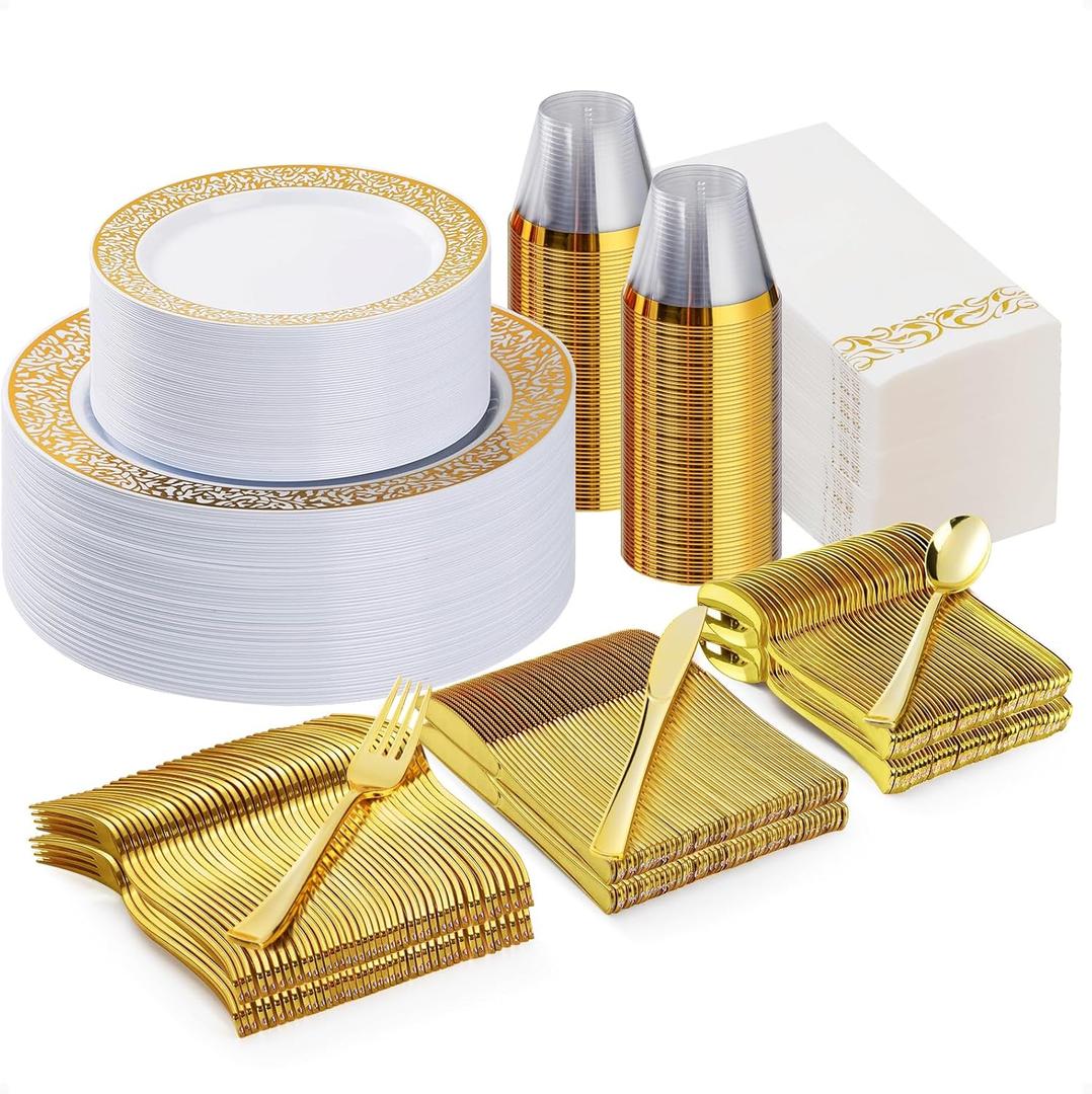 Bestluck 350PCS Gold Plastic Dinnerware Set for 50 Guests, Disposable Plates for Party, Wedding and Dinner, Include 50 Dinner Plates, 50 Dessert Plates, 50 Set Silverware, 50 Cups, 50 Napkins