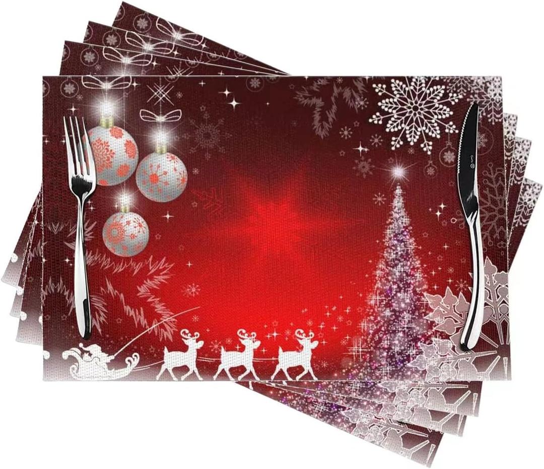 Merry Christmas Red Deer Placemats Set of 4 - Washable 12x18 Inch PVC Indoor Non-Slip Table Mats for Dining Room Decor