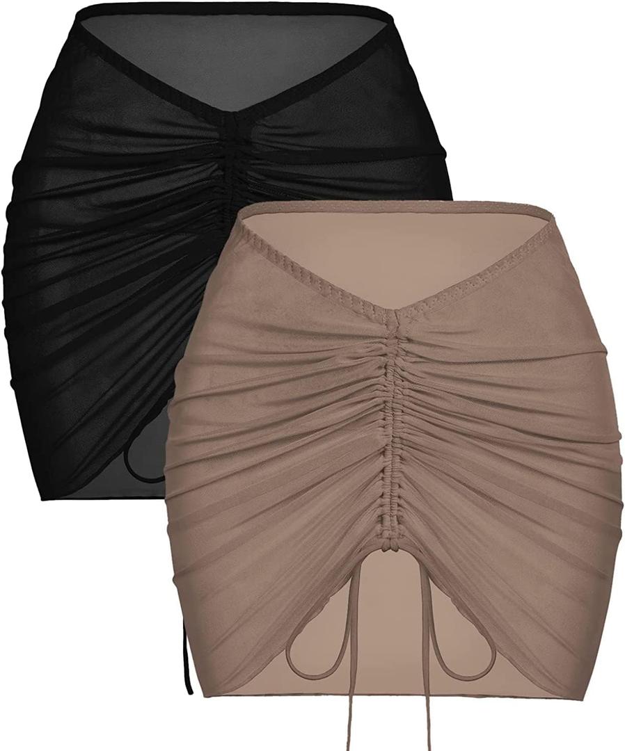 AI'MAGE 2 Pieces Women Beach Bathing Suit Cover Ups Skirt Sheer Mesh Bikini Wrap Sarong Coverup for Swimwear (Medium, A-brown + Black)