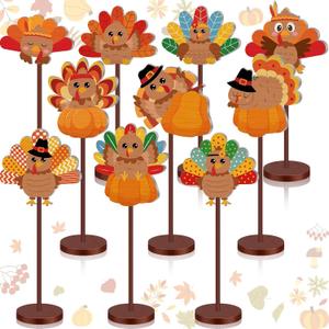 Geelin 10 Pcs Thanksgiving Turkey Decoration Wooden Turkeys Thanksgiving Table Sign Centerpiece Wood Tall Standing Block Set for Party Farmhouse Office Harvest Day Desk Decoration(Cute Turkey)