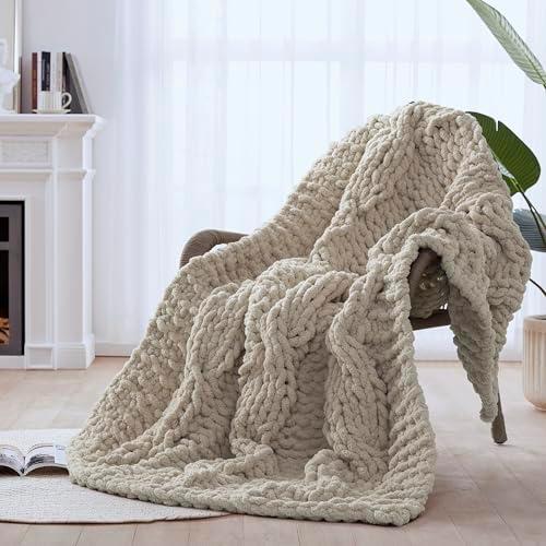 CLOUDS HUG Chunky Knit Blanket Throw - 100% Hand Knitted Chunky Soft Throw Blanket for Couch, Thick and Warm for Winter, Linen, 40x50 Inches