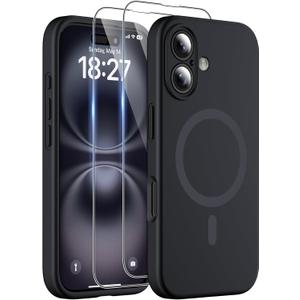Magnetic for iPhone 16 Case, Compatible with MagSafe, Two 9H Screen Protectors, Full Camera Protection, Military-Grade Protection Silicone Phone Cover for 16 6.1", Black
