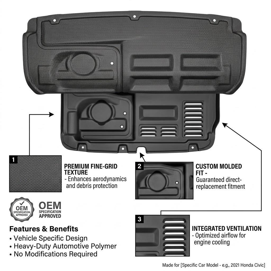 Custom Fit Lower Engine Splash Shield Guard – Heavy-Duty Automotive Underbody Skid Plate Deflector Replacement – Direct Fit UV & Debris Protection, 40" L x 28" W x 3" H