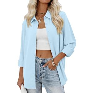siliteelon Womens Button Down Shirts Solid Dress Shirts Long Sleeve Flowy Collared Work Office Business Blouses Chiffon Tops (Blue, XS)